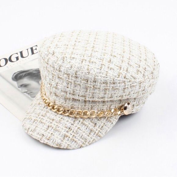 White and Gold Newboy Cap - Picture 2 of 7